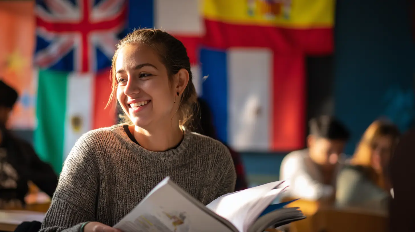 corsi-di-lingue Una ragazza sorridente mentre studia una lingua straniera