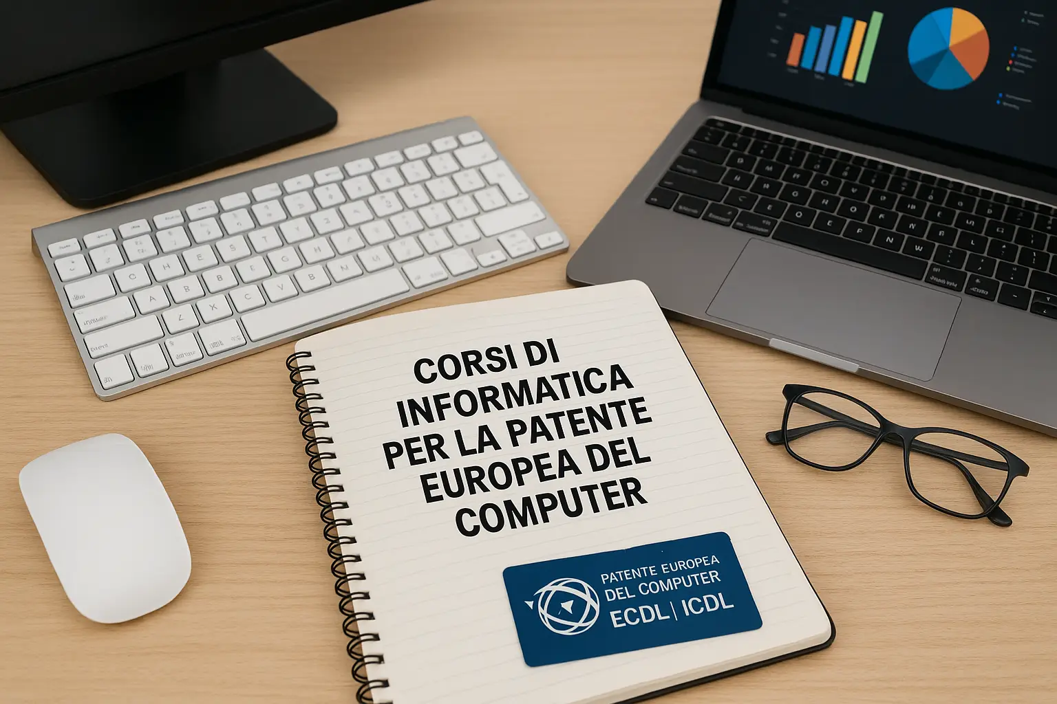 Una scrivania con sopra un portatile e un quaderno dove tengono gli appunti sul corso ECDL