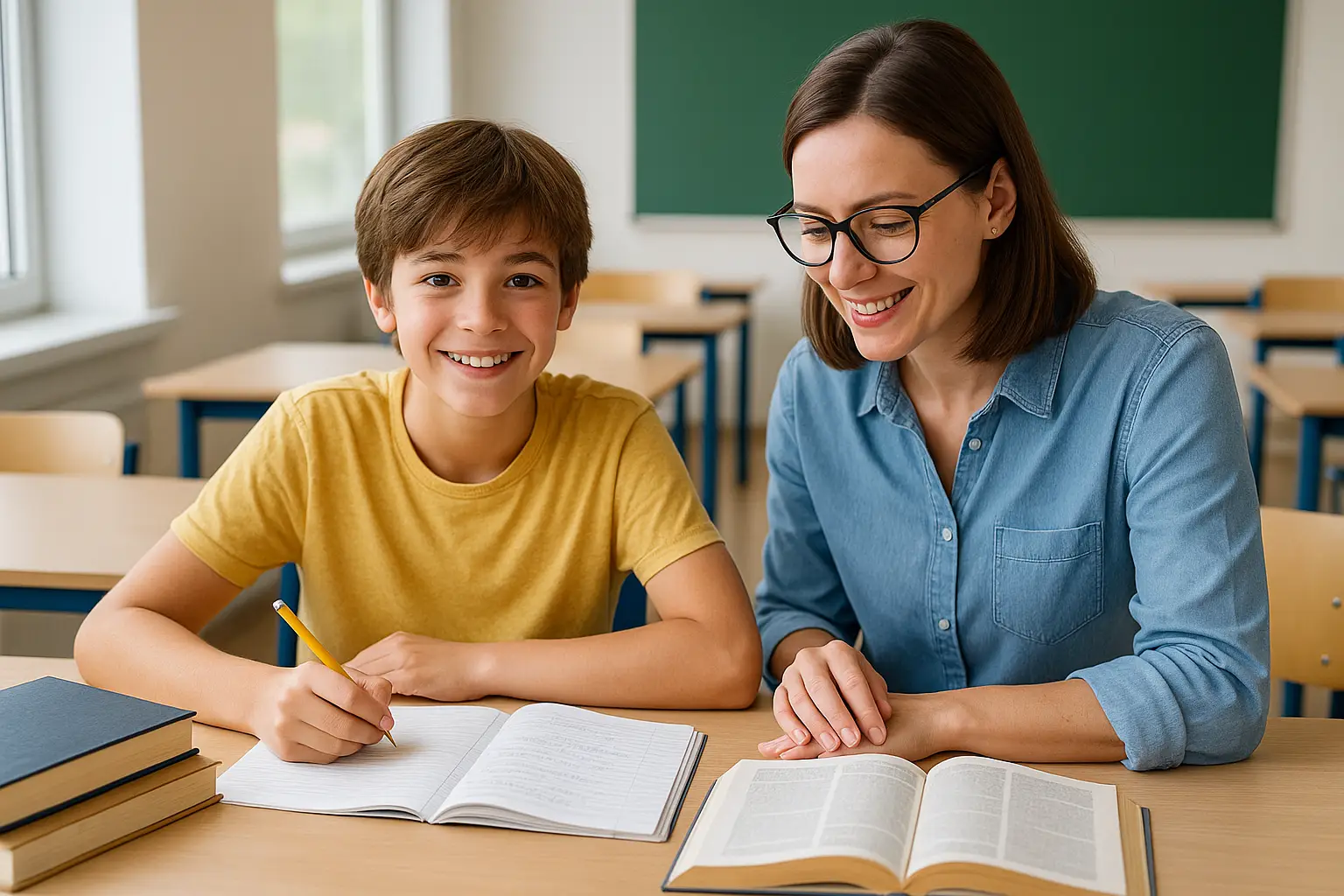 Studente delle medie mentre partecipa a un doposcuola estivo con l'insegnante