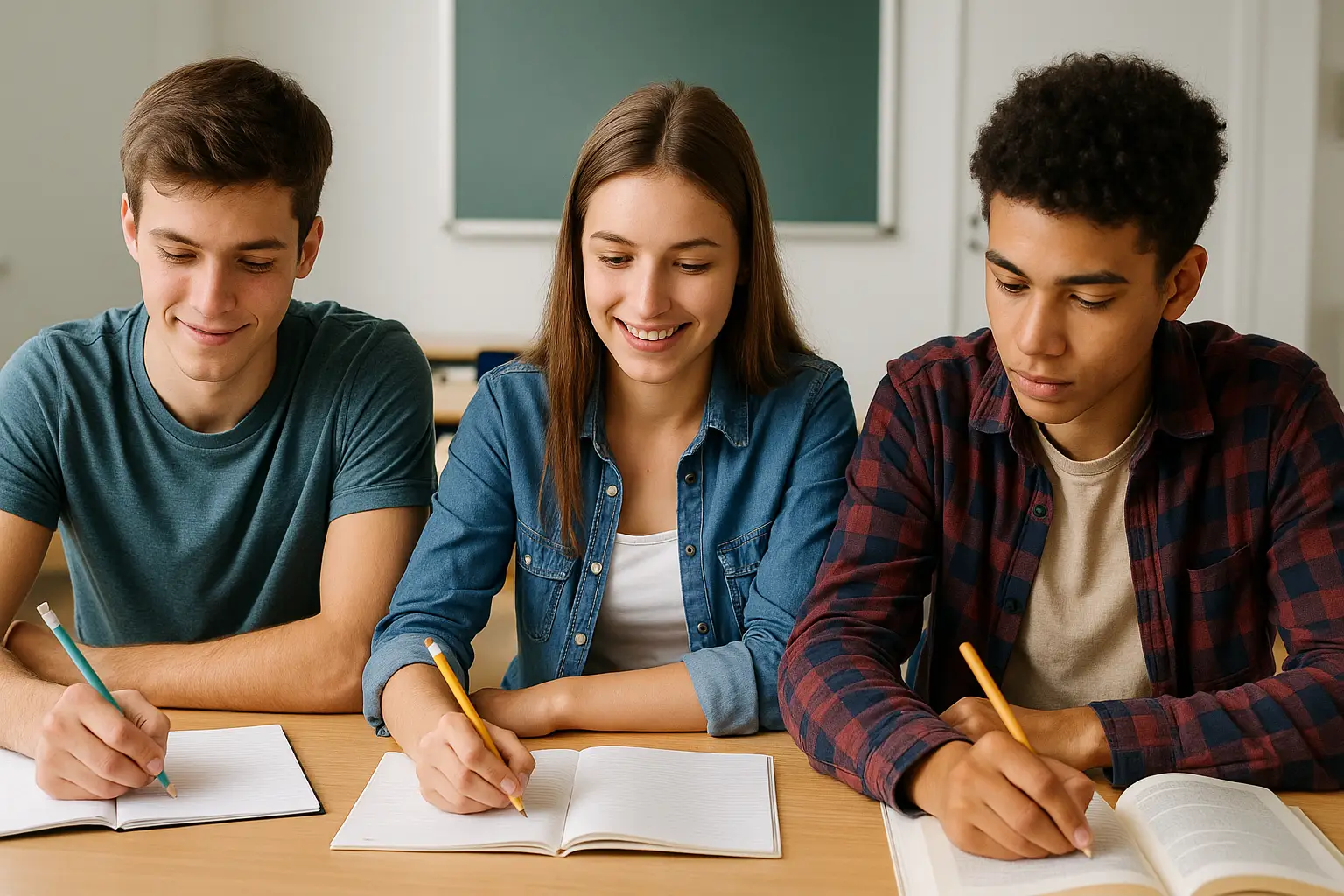 Tre studenti delle superiori mentre fanno i compiti al doposcuola estivo