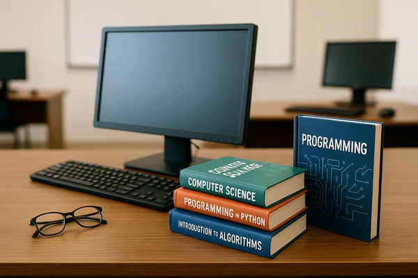 lezioni-di-informatica-a-trieste Scrivania del docente in aula informatica con monitor, tastiera, mouse, occhiali e libri di informatica e programmazione